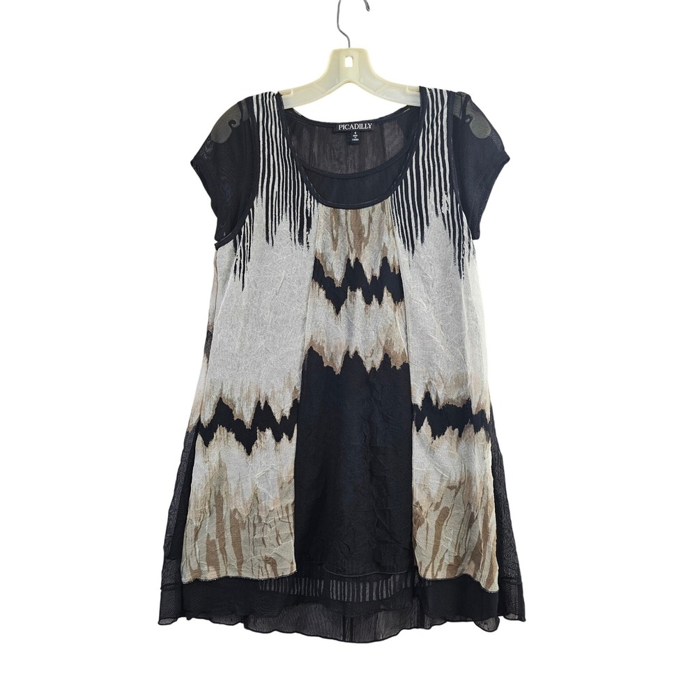 Piccadilly Mesh layered Tunic vest & Top Womens L Black Solid Sheer Short Sleeve
